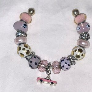 Handmade Bracelet, Pink Cadillac Themed. Glass & Crystal Beads, Open Bracelet.